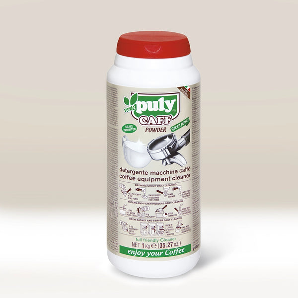 A bottle of Puly Caff Verde coffee machine cleaning powder.