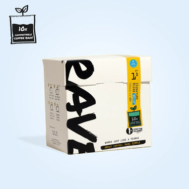 A white box of Signature Decaf Blend Compostable Coffee Bags - 10 Pack, featuring bold black text, a blue label, and a small coffee bag graphic at the top left. Each pack contains 10 compostable coffee bags.