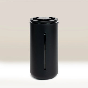 A black Timemore French Press U cafetiere made of borosilicate glass with a stainless steel plunger and filter.