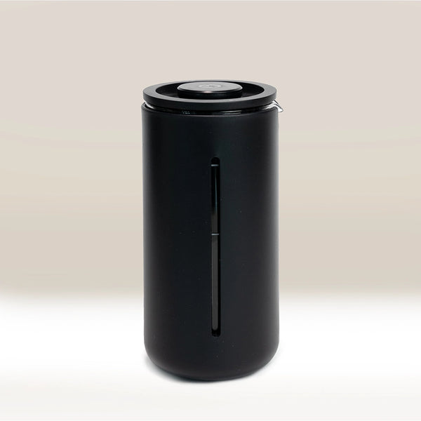 A black Timemore French Press U cafetiere made of borosilicate glass with a stainless steel plunger and filter.