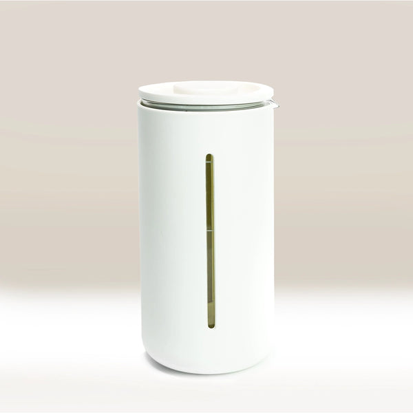 A black Timemore French Press U cafetiere made of borosilicate glass with a stainless steel plunger and filter.