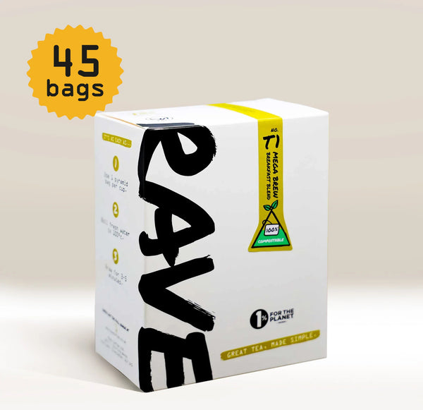 A white cardboard box of Rave tea with bold black lettering and yellow accents, shown on a light beige background with a yellow '45 bags' badge in the top left corner.
