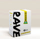 A white cardboard box of Rave tea, featuring bold black brushstroke lettering on the front, a yellow and green warning label, and yellow text accents, set against a warm beige background.